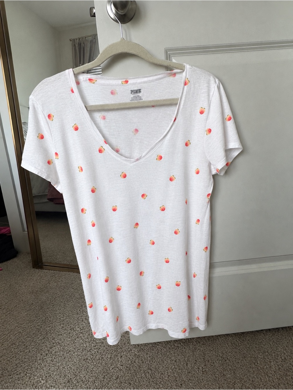 PINK Victoria's Secret White V-Neck Tee with Peach Print